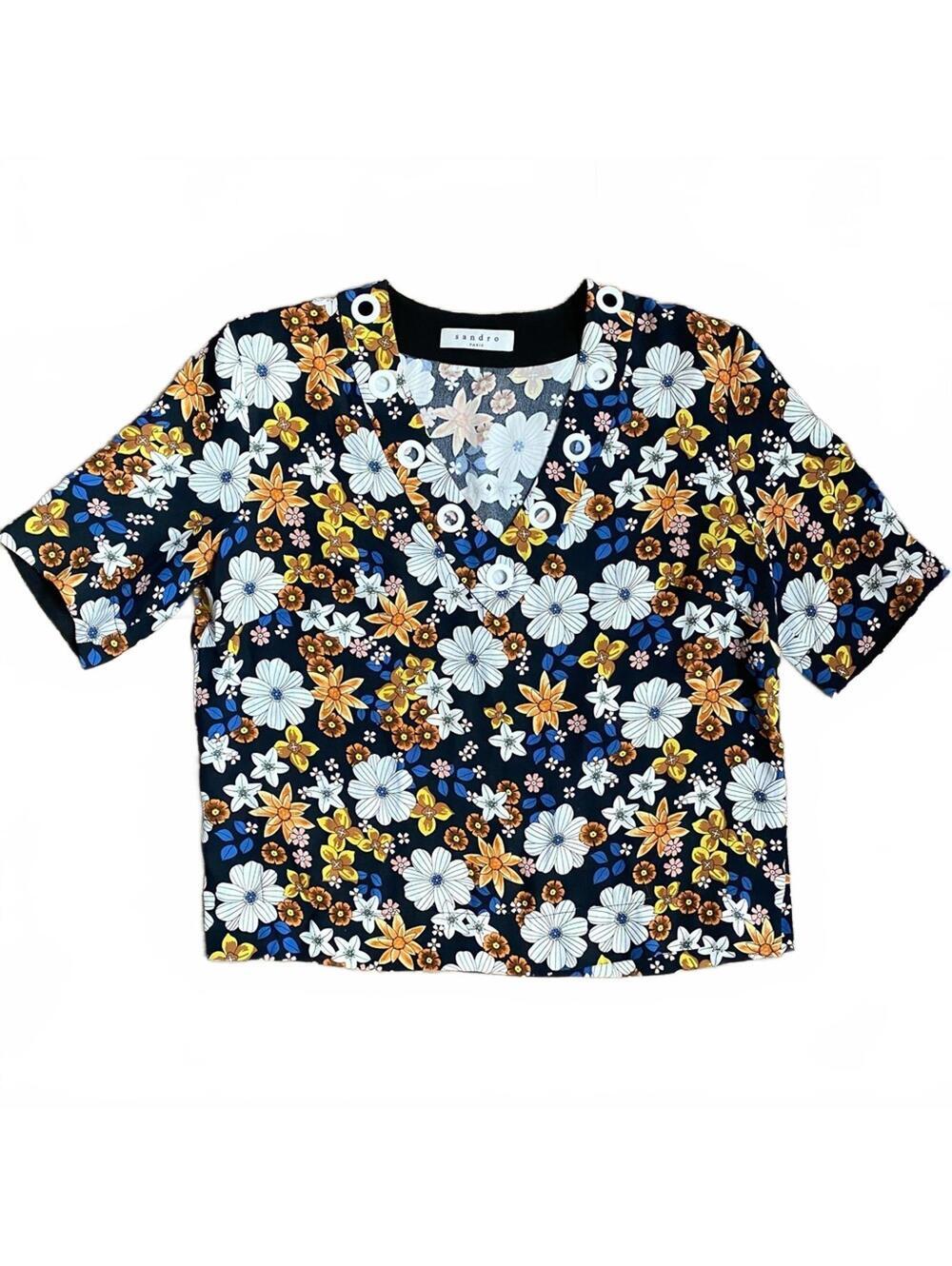 Sandro ParisFloral V-Neck Eyelet Blouse Size 1 Small - Picture 4 of 9